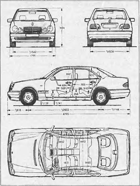 Габаритные размеры Мерседес-Бенц Е-Класс седан 1995-2002 (dimensions Mercedes-Benz W210 sedan)