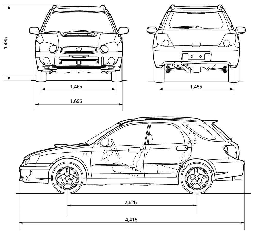 Габаритные размеры Субару Импреза 2004 (dimensions Subaru Impreza Wagon GG)